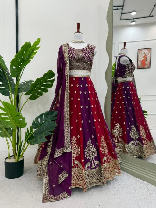 Red And Purple Wedding Wear Peacock Embroidery Lehenga Choli