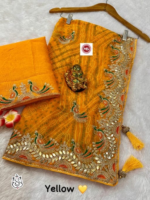 Traditional Bandhini Saree with Peacock Embroidery and Gottipati Work