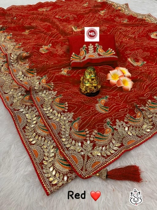 Traditional Bandhini Saree with Peacock Embroidery and Gottipati Work