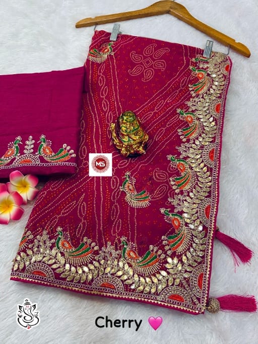 Traditional Bandhini Saree with Peacock Embroidery and Gottipati Work