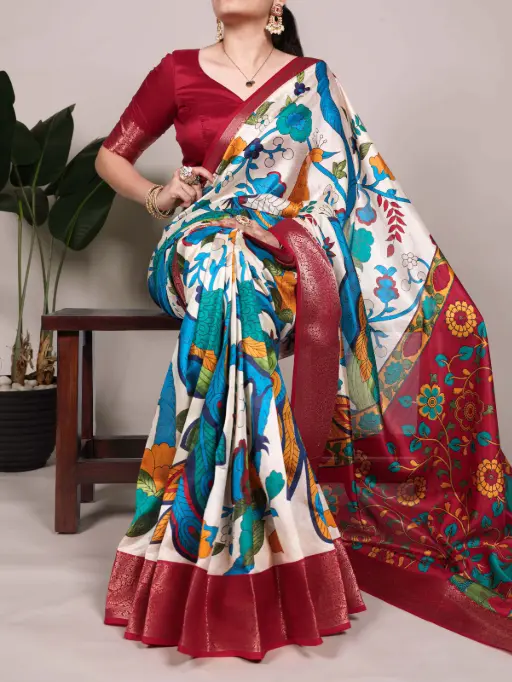 Tussar Silk Saree with Multi-Color Floral Print