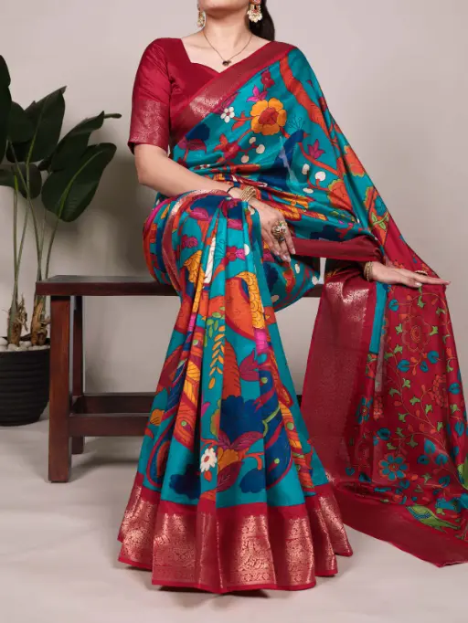 Tussar Silk Saree with Multi-Color Floral Print