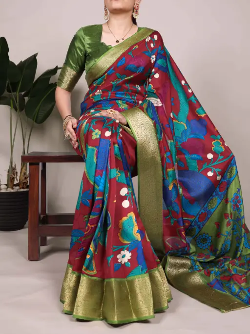 Tussar Silk Saree with Multi-Color Floral Print