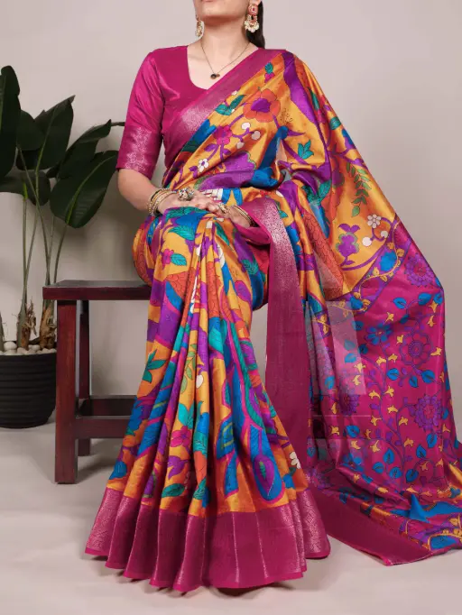 Tussar Silk Saree with Multi-Color Floral Print