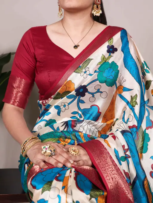 Tussar Silk Saree with Multi-Color Floral Print
