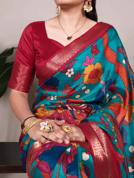 Tussar Silk Saree with Multi-Color Floral Print
