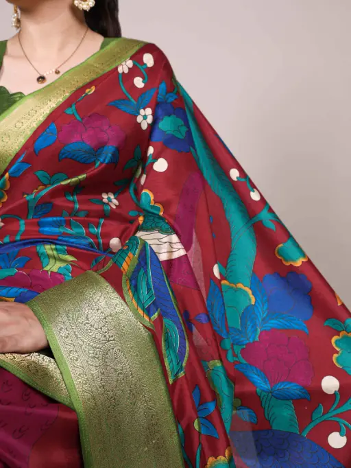 Tussar Silk Saree with Multi-Color Floral Print