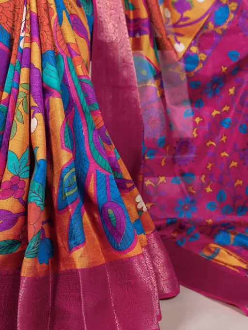 Tussar Silk Saree with Multi-Color Floral Print