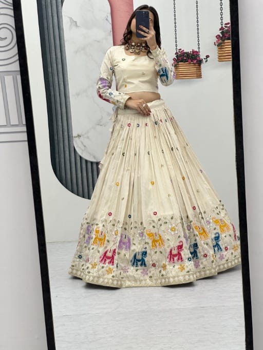 Wedding Wear Cream Lehenga Choli with Animal Thread Work