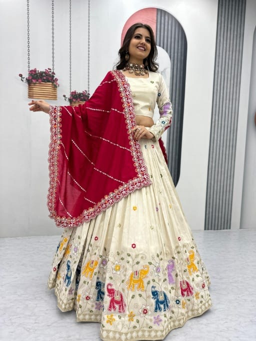 Wedding Wear Cream Lehenga Choli with Animal Thread Work