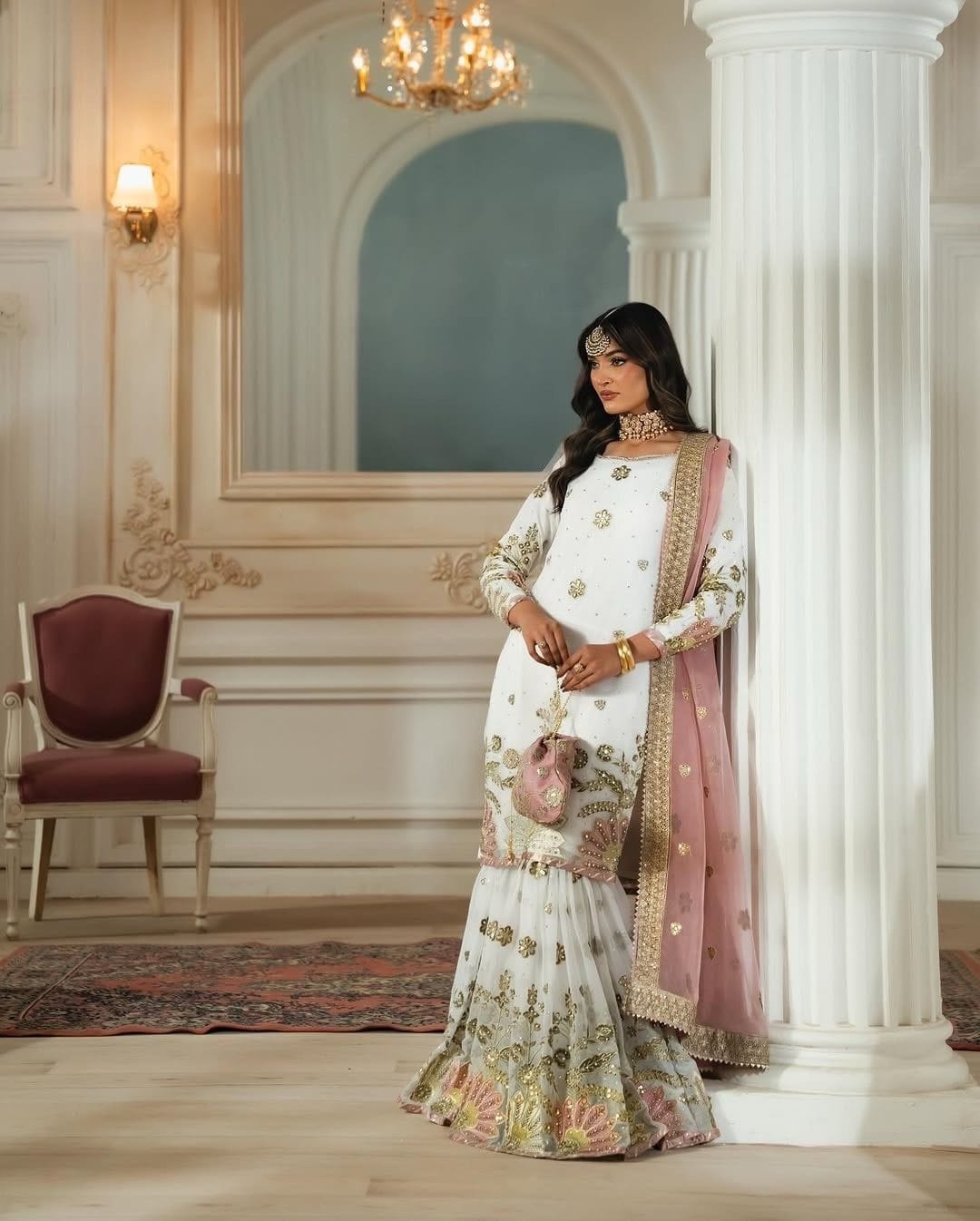 Readymade White Sharara with Multicolor Embroidery