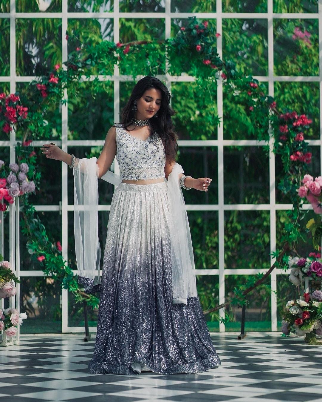 White and Purple Shaded Georgette Full Sequin Lehenga Choli