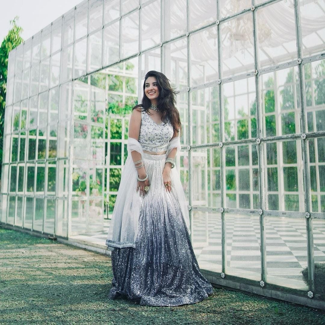 White and Purple Shaded Georgette Full Sequin Lehenga Choli