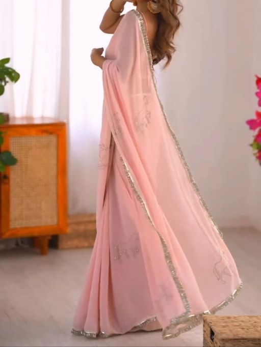 Bollywood Baby Pink Pre Draped Saree with Border