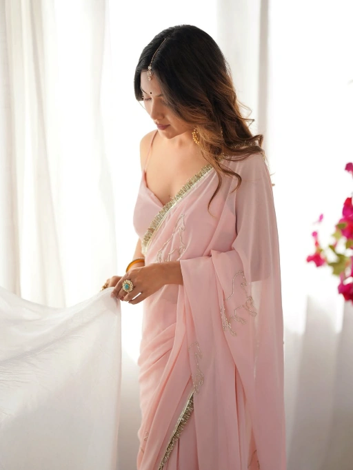 Bollywood Baby Pink Pre Draped Saree with Border