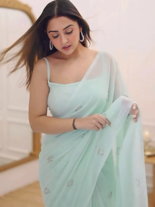 Bollywood Blue Saree with Heart Embroidery And readymade Blouse