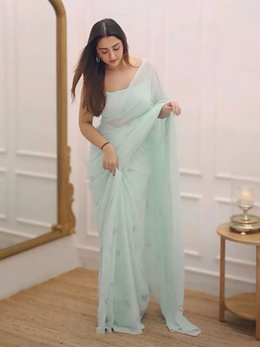 Bollywood Blue Saree with Heart Embroidery And readymade Blouse