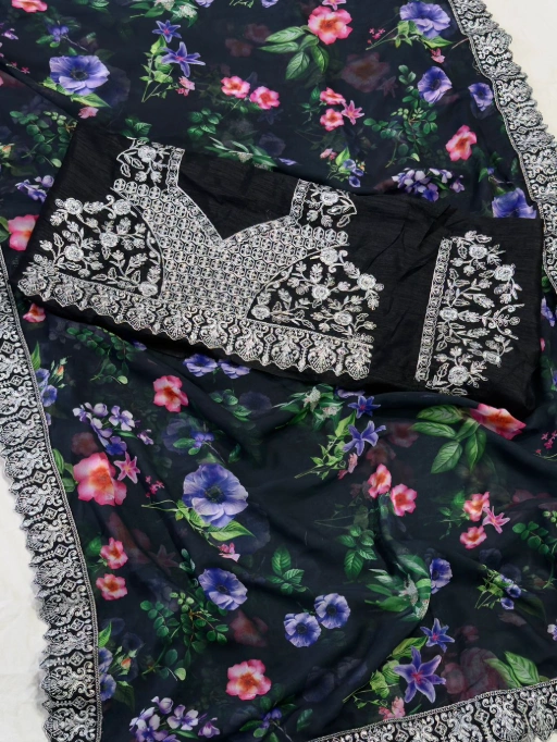 Bollywood Inspired Black Floral Border Saree