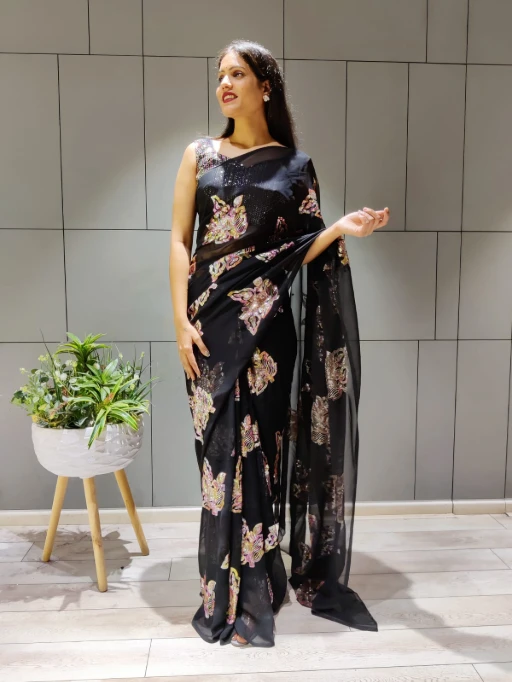 Designer Black Saree with Multi Color Sequence