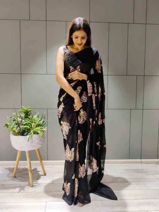Designer Black Saree with Multi Color Sequence