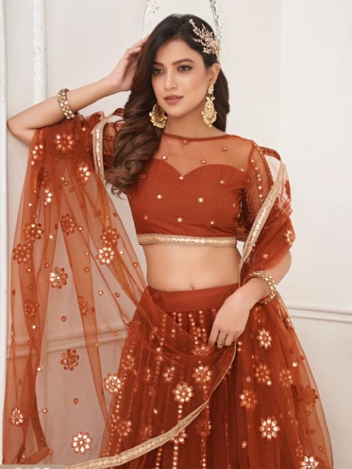 Buy Designer Orange Color Net Chaniya for Festive Wear