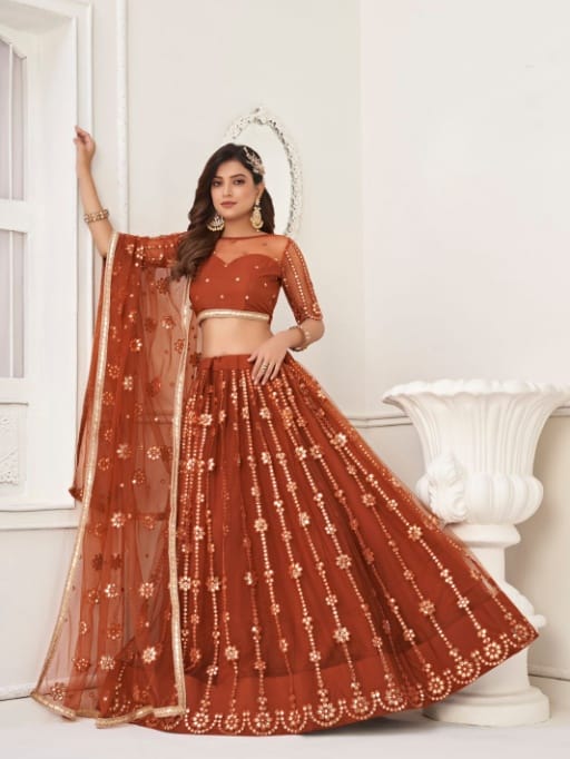 Buy Designer Orange Color Net Chaniya for Festive Wear