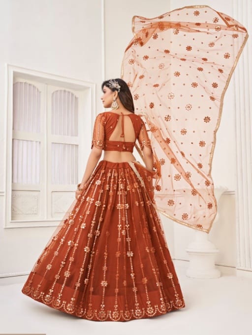 Buy Designer Orange Color Net Chaniya for Festive Wear