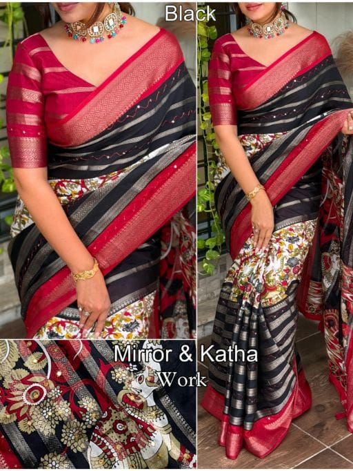 Hand katha Work Cotton Zari Saree