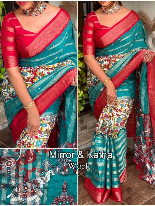 Hand katha Work Cotton Zari Saree