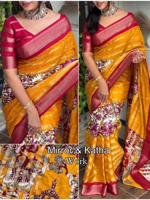 Hand katha Work Cotton Zari Saree