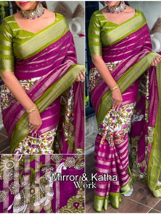 Hand katha Work Cotton Zari Saree