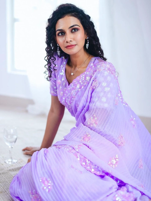 Heavy Embroidery and Sequence Work Purple Saree