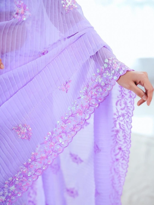 Heavy Embroidery and Sequence Work Purple Saree