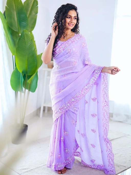 Heavy Embroidery and Sequence Work Purple Saree