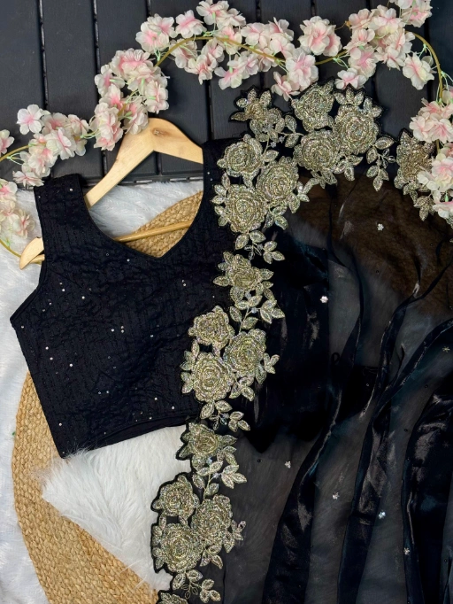 Party Wear Black Flower Embroidery Saree