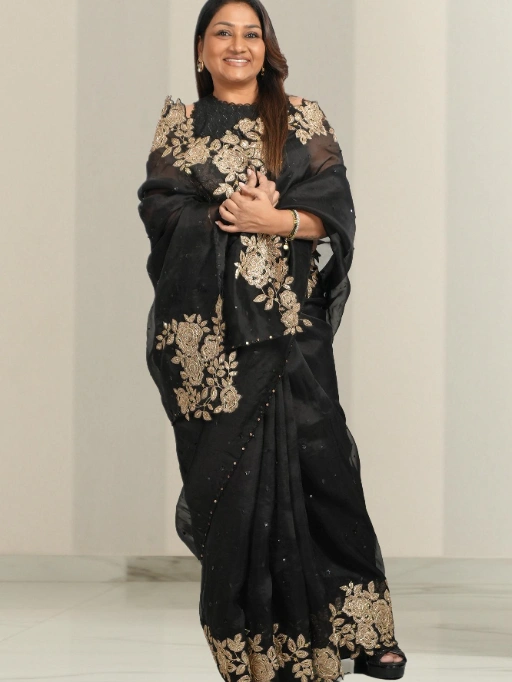 Party Wear Black Flower Embroidery Saree