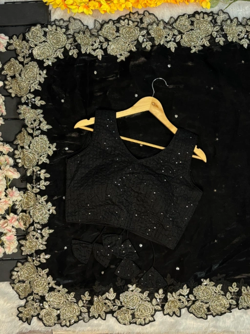 Party Wear Black Flower Embroidery Saree