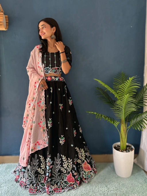 Pure Black Lehenga Choli with Multi Color Embroidery