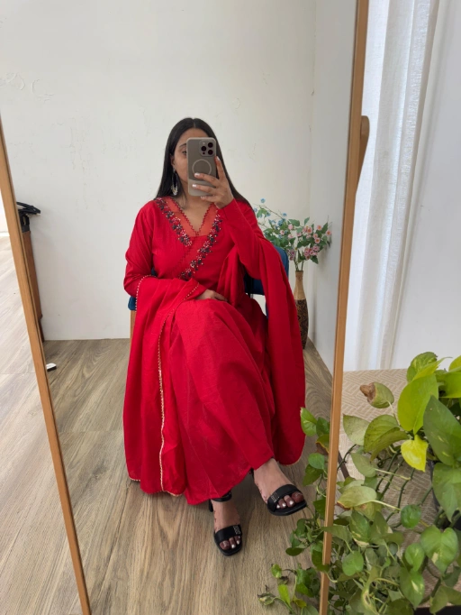 Stylish Cherry Red Gown with Dupatta Set