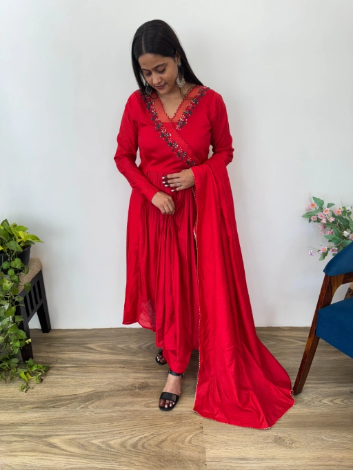 Stylish Cherry Red Gown with Dupatta Set