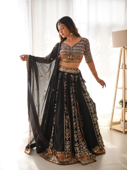 Black Multi Color Embroidery Wedding Lehenga
