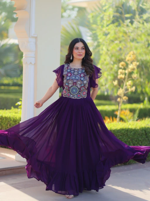 Buy Stylish Multi Color Neck Embroidery Frock Gown