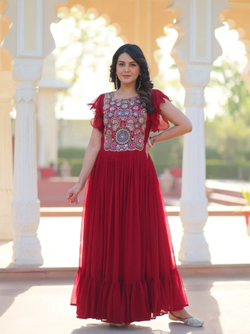 Buy Stylish Multi Color Neck Embroidery Frock Gown