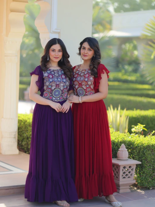 Buy Stylish Multi Color Neck Embroidery Frock Gown