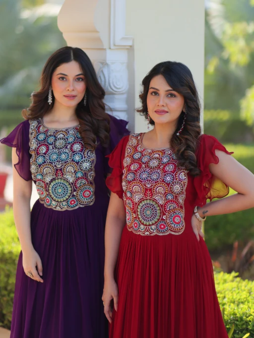 Buy Stylish Multi Color Neck Embroidery Frock Gown