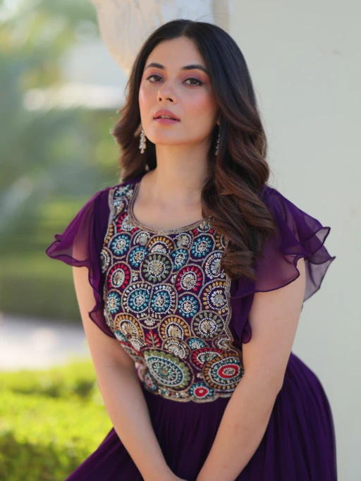 Buy Stylish Multi Color Neck Embroidery Frock Gown