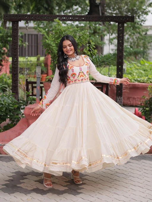 Buy White Navratri Gown with Traditional katchi Work