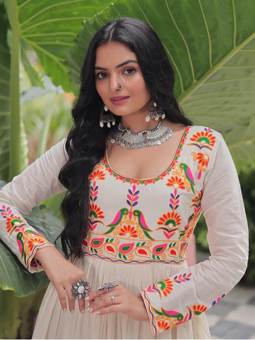 Buy White Navratri Gown with Traditional katchi Work