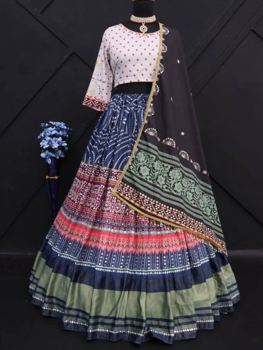 Multi Color Digital Printed Navratri Chaniya Choli with Mirror Work