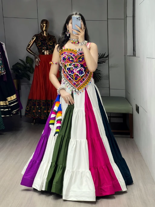 Multi Color Navratri Chaniya with Heart Shape Blouse Kedia Set